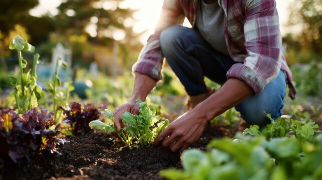 Gardener planting fresh vegetables in a home garden during golden hour in summer
