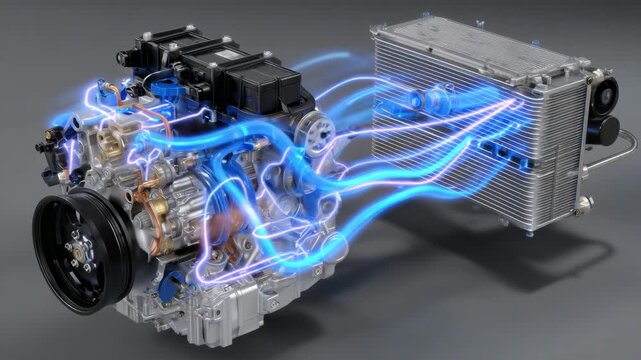 Highly detailed 3D render of an engine cooling system cutaway, showing coolant circulation through the radiator, water pump, and hoses with glowing fluid visualization