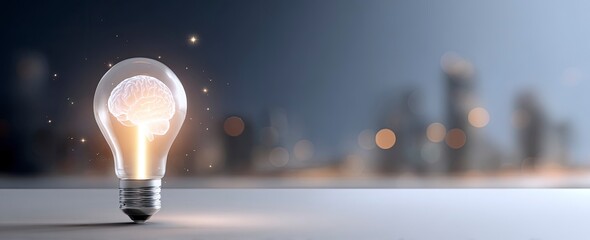 Brain inside glowing light bulb with city background bokeh