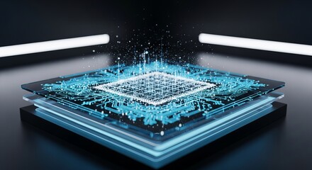 Futuristic microchip with glowing blue light and circuit board design