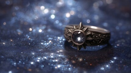 Close up of an ornate silver ring with a sun motif gemstone against a sparkling dark background