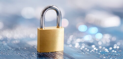 Golden padlock on blue computer circuit board