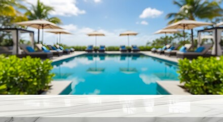 Fototapeta premium Luxury resort swimming pool with palm trees and umbrellas