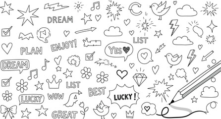 Obraz premium Sketchy Doodles with Star, Arrow, Diamond,Heart, Pencil on White Background