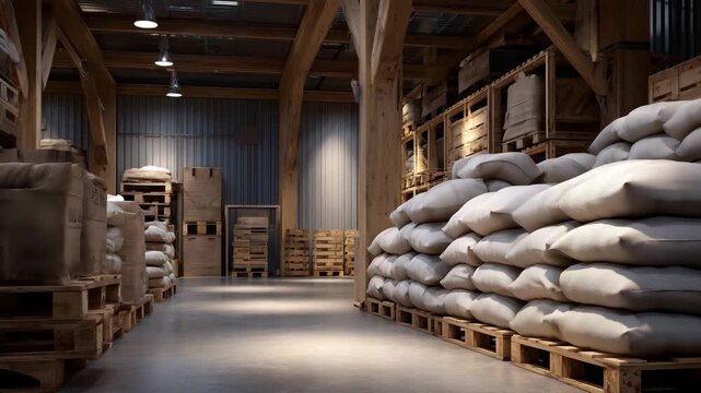 High-resolution warehouse interior with rice sacks piled on pallets, clean aisles and ambient lighting emphasizing order and readiness for shipment