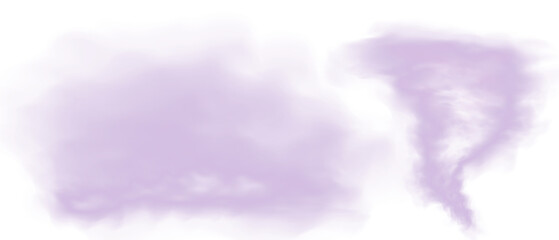 Fototapeta premium Purple and blue smoky vapor clouds with soft swirling mist and smooth atmospheric haze on transparent background.
