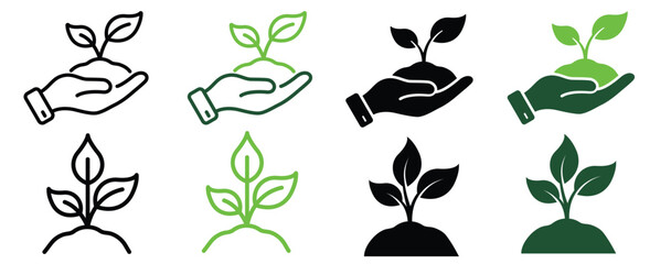 Ecology Organic Seedling Line and Silhouette Icon Set. Growth Eco Tree Environment. Plant in Human Hand Symbol Collection, Agriculture Concept. Vector Illustration.