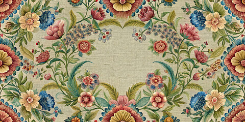 Floral Pattern With Frame Composed Of Colorful Flowers And Green Leaves Provides Natural And Botanical Element With Traditional Style For Textiles And Wallpaper