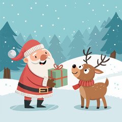 Santa Claus Giving a Christmas Gift to a Cute Reindeer in a Snowy Winter Forest 🎁