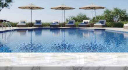 Luxury resort pool with lounge chairs and umbrellas