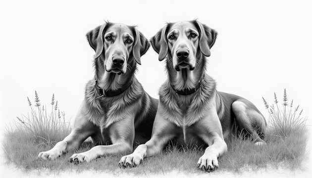 Irish wolfhound in a meadow, black and white illustration