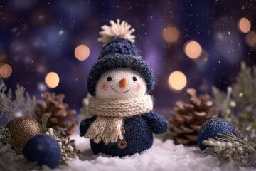 Obraz premium Knitted winter figure wearing warm attire stands in falling snow amid decorative elements