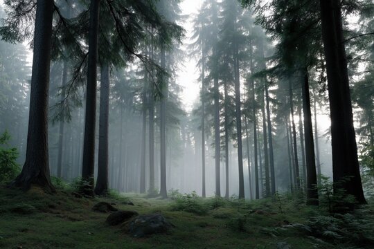 Misty forest morning: dense evergreen trees and soft natural light