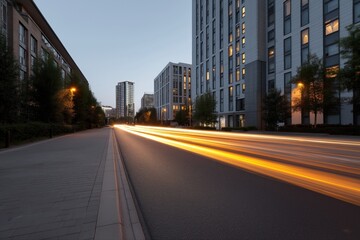 Urban cityscape at dusk with light trails between modern high-rise buildings