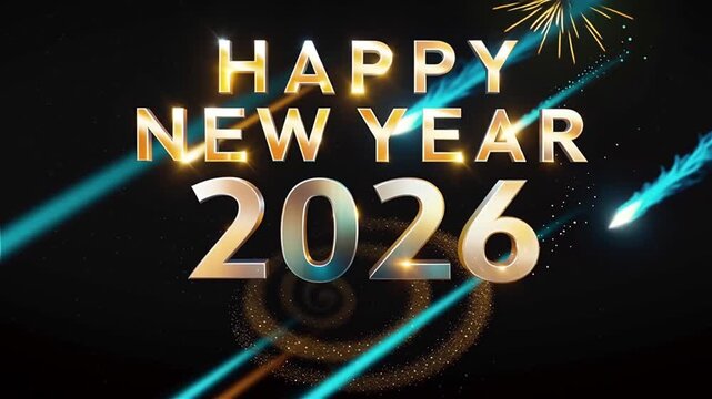 Golden &ldquo;Happy New Year 2026&rdquo; text with shining stars and shooting meteors on a dark space background. Animated greeting for New Year&rsquo;s celebrations, events, or digital content.