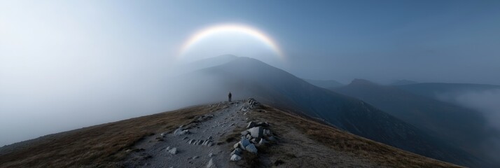 Solitary hiking on mountain ridge under ethereal halo in misty landscape