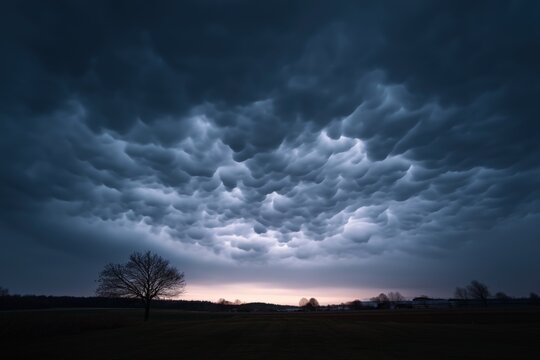 Majestic mammatus clouds over serene landscape at dusk