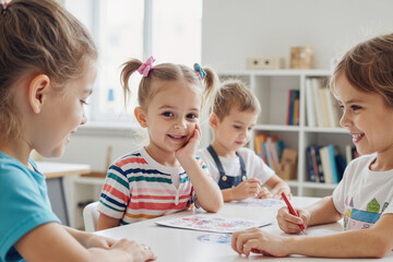 Group of Caucasian children sitting at table drawing and coloring together, smiling and interacting in classroom setting, young girl with pigtails looking at camera while others focused on artwork