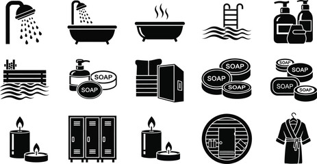 Spa Day Icons Set Black and White Shower, Bathtub, Pool, Candles, Robe, Soap Icons