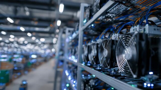Hyperrealistic shot of multiple graphics cards aligned inside a cryptocurrency mining rig, radiating heat and energy in a dimly lit industrial space