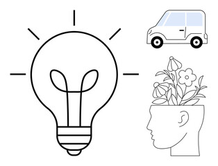 Lightbulb and head symbols convey innovation and growth. Compact car suggests efficiency and ideas in motion. Ideal for creativity, brainstorming, growth, efficiency, environmental design