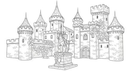 Fototapeta premium Medieval Castle Illustration with Knight Statue Coloring Page for Kids