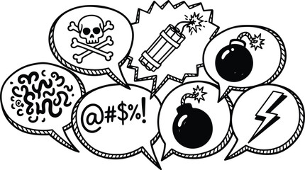 Speech Bubbles Cartoon Set With Skull, Bones, Bomb, Lightning, Noise Hand Drawn Style