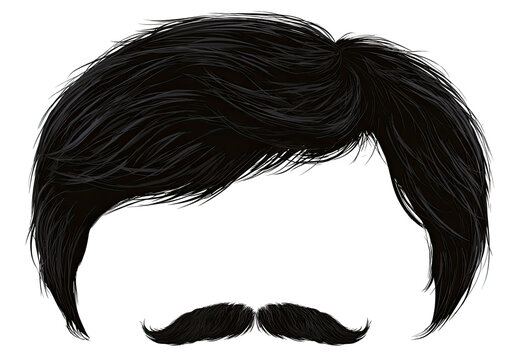 Dark, stylized mustache and hair.  Detailed, dramatic, and graphic.  A close-up view of a man's dark hair and mustache.  The hair is thick and flows. The mustache is prominent