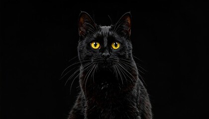 Sleek black cat stares intensely with glowing yellow eyes against a stark, solid black background