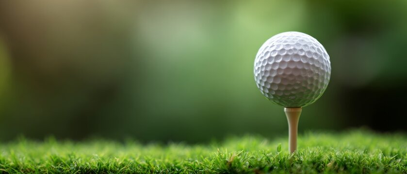 Golf ball on tee over green grass field ready for drive shot - Powered by Adobe