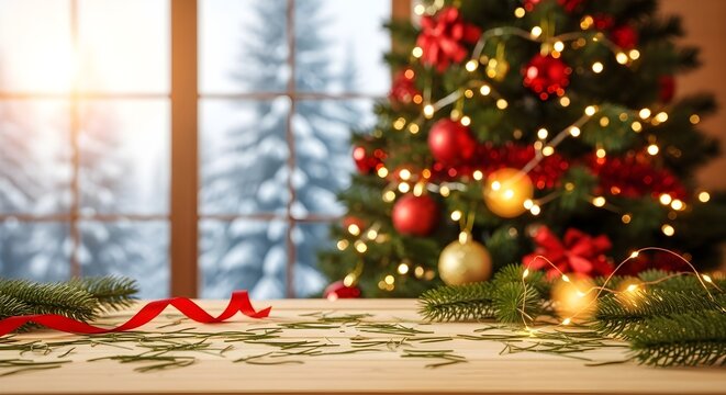 Cozy christmas tree and window with snowy landscape