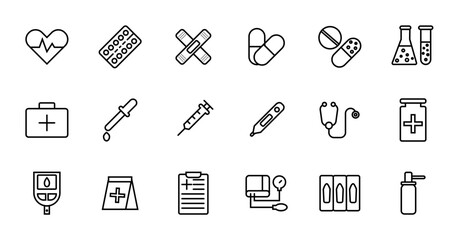 Set of medical and pharmacy icon. Collection includes heartbeat, pills, band-aid, syringe, thermometer, stethoscope, first aid kit, glucometer, pharmacy bag, clipboard, blood pressure monitor icons.