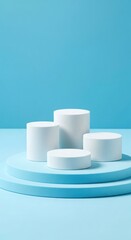 Four white cylindrical display stands arranged on a blue geometric platform against a solid blue background