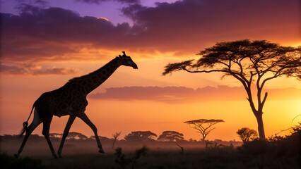 Giraffe Silhouette Against an Orange Sunset Sky in the African Savannah