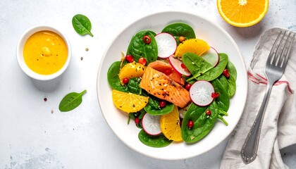 Healthy salmon salad with citrus and fresh vegetables is served.
