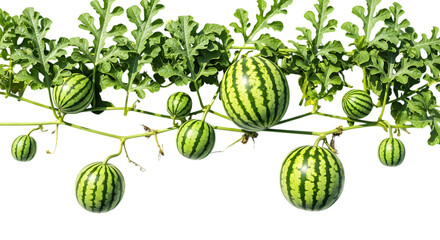 Watermelon vine, with developing fruits and green leaves, cutout, PNG isolated on white or transparent background