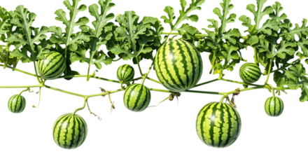 Watermelon vine, with developing fruits and green leaves, cutout, PNG isolated on white or transparent background