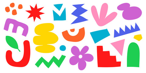 Colorful abstract geometric shapes set. Bright cutout style elements in playful composition. Modern minimalist design for backgrounds, posters, or collage art. Vector illustration