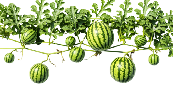 Watermelon vine, with developing fruits and green leaves, cutout, PNG isolated on white or transparent background