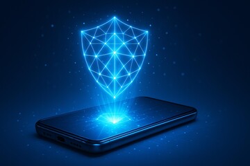 Futuristic Cybersecurity Concept with Holographic Shield over Smartphone