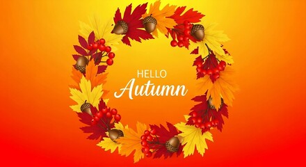 Vibrant autumn wreath with colorful leaves, acorns, and berries on a warm gradient background, perfect for seasonal greetings and fallthemed designs
