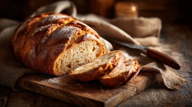 Fresh sliced bread loaf rustic wooden table homemade bakery artisan food organic wheat crust - Powered by Adobe