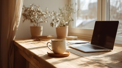 Cozy home office desk with laptop and coffee cup near window warm morning sunlight workspace