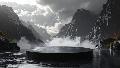 Dramatic mountain landscape with a dark podium over water.
