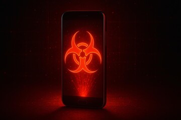Smartphone Cybersecurity Threat: Illuminated Biohazard Symbol on Mobile Device