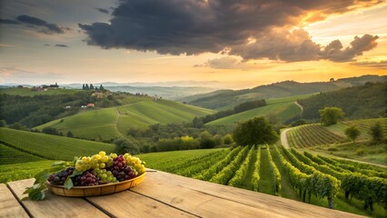 Vineyard Vista Lush Landscape with Grape Harvest at Sunset, Wooden Table