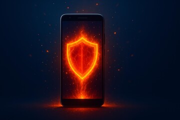 Smartphone Cybersecurity Shield Illustration with Fiery Effect