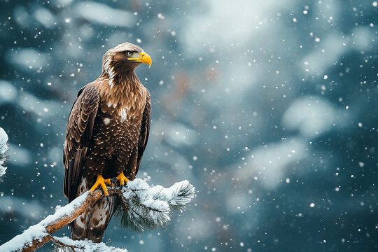 Majestic hawk flying above snowy alpine mountain cliffs with dramatic wingspan, wild winter landscape, generative ai art