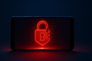Smartphone Security Breach Concept with Glowing Red Lock Symbol