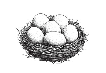 Nest with eggs, sketch. Vintage retro print, hand-drawn illustration nest, eggs, engraving, detailed drawing, eggs nest. Black ink, simple lines, sketch style, line art, graphic design. Illustration